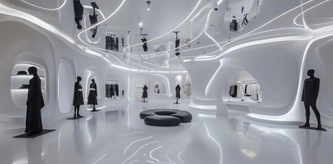 futuristic fashion store, white walls with black details, high ceiling, round shapes and futuristic furniture, mannequins wearing