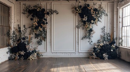 Minimalist wedding interior with blank posters and beautiful black flowers on the walls