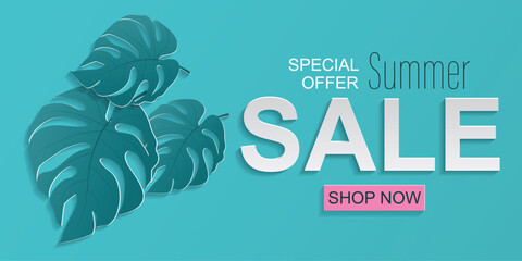 Elegant Summer Sale Banner With Tropical Leaves Paper Cut Style