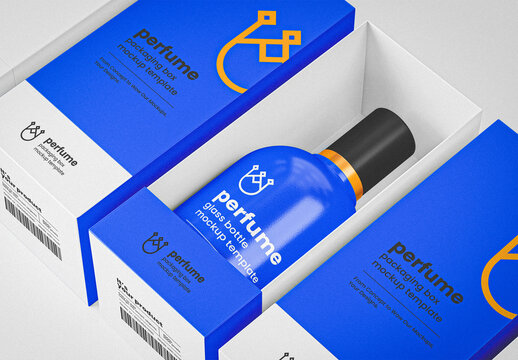 Blue Perfume Bottle in Box Mockup