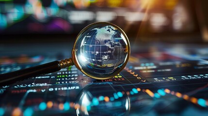 Analyzing financial markets with a digital globe and magnifying glass