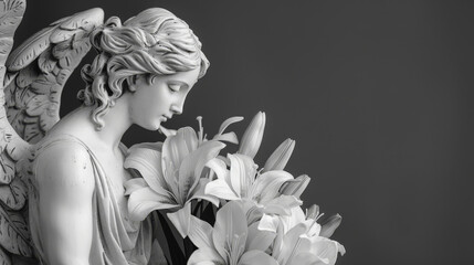 Grayscale image of an angelic statue with a contemplative expression standing beside blooming lilies, symbolizing peace and condolence