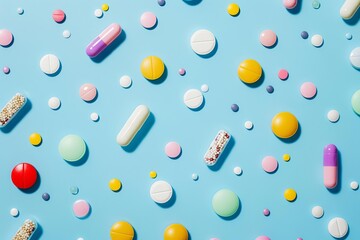 Array of colorful pills and capsules on a blue background