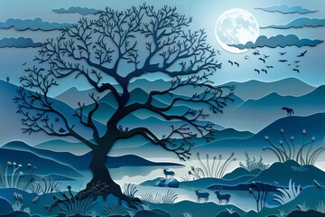 Artistic paper cutout style scene of a tree and wildlife under the moonlight