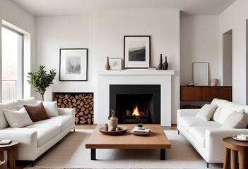 3D A modern living room with white sofa, home desk, dry flowers in a vase, ceramics, fireplace, industrial style