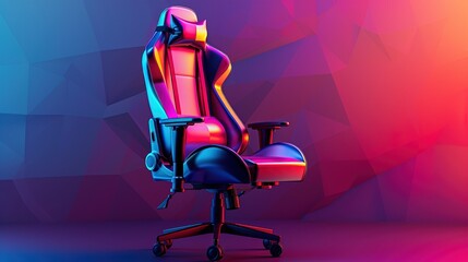 A black and red gaming chair with headphones on the headrest is in the center of the image. The background is a blue and purple gradient.

