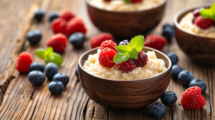 Bowls with delicious rice pudding and berries on woode - Powered by Adobe