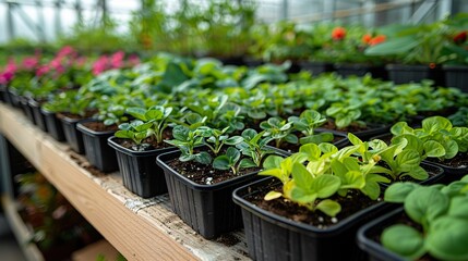 A greenhouse filled with a variety of young plants and flowers.