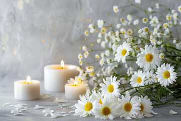 Serene condolence background with lit candles and white daisies representing peace and remembrance at a solemn funeral setting