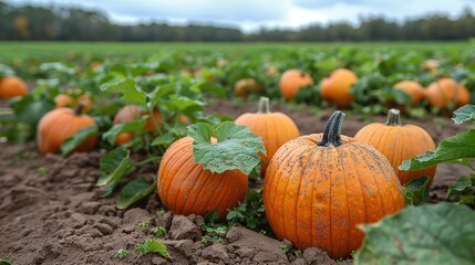 A pumpkin patch ready for harvest, with bright orange pumpkins.