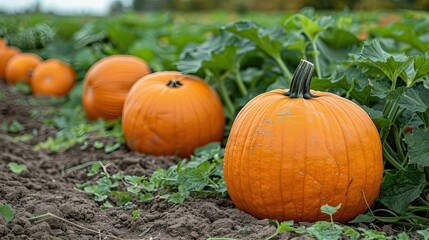 A pumpkin patch ready for harvest, with bright orange pumpkins.