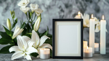 Serene condolence background featuring a blank memorial frame, white lilies, and burning candles on a textured grey background