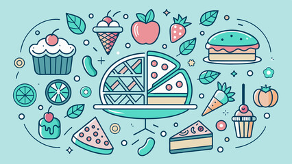 Fototapeta premium Cake doodle including icons - pie, slice, bakery, sweets, easter, piece, fruits. Thin line art about dessert products.