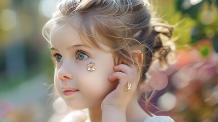Cute little girl showing new earrings on ear  