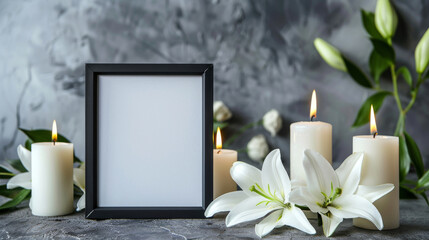 Solemn condolence background featuring a black frame, white lilies, and lit candles on a textured grey backdrop, symbolizing mourning and remembrance