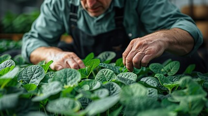 A farmer inspecting the leaves of a healthy, green soybean plant.