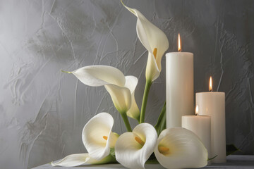 Elegant calla lilies and lit candles against a textured background, symbolizing peace and sympathy for funeral or condolence occasions