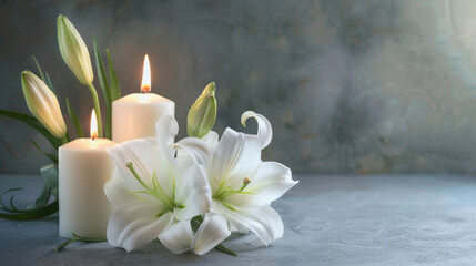 Tranquil sympathy arrangement of glowing candles and white lilies on a textured backdrop, evoking peace and remembrance for a funeral