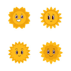 Set yellow happy sun with face. Isolated groovy Vector. Cute comic mascot symbols. Design graphic elements.