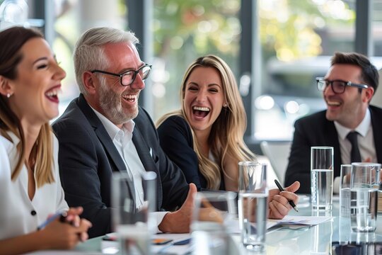 Business people laughing in a casual meeting