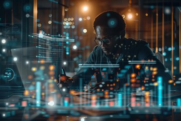 Business professional using digital tools to analyze financial data in an office