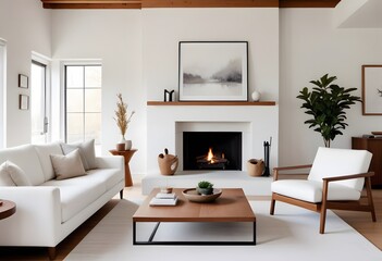 3D A modern living room with white sofa, home desk, dry flowers in a vase, ceramics, fireplace, industrial style