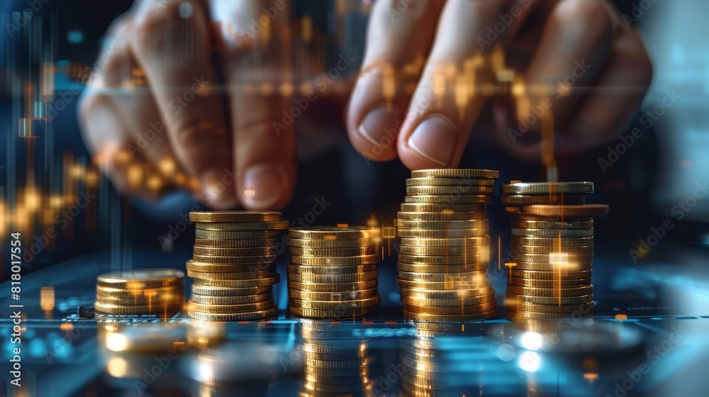 Poster stacking coins, a man analyzes finance growth. savings concept, male hand stacking gold coins into i