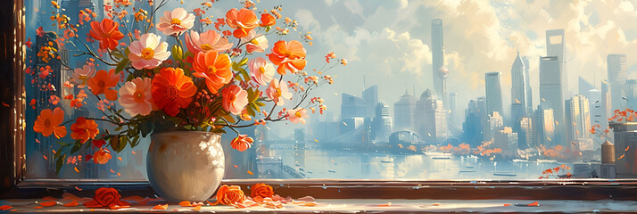 A Vase with Flowers on a Table in Front,
Sunset Glow Blooms on the Windowsill
