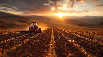 Fototapeta premium A farmer plowing a field at sunrise, with rich, fertile soil.