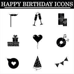 Set of birthday simple icons on the white background. Celebration black icons. Isolated vector.