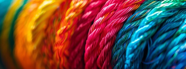 A detailed macro shot of a spool of colorful electrical wire against a plain background.