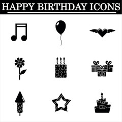 Set of birthday simple icons on the white background. Celebration black icons. Isolated vector.