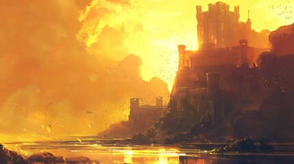 A breathtaking sunrise illuminating an ancient castle, casting golden hues across the landscape.