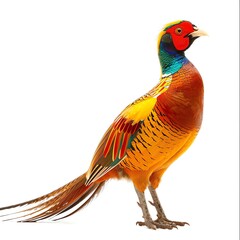 Golden pheasant standing tall, isolated against a white backdrop