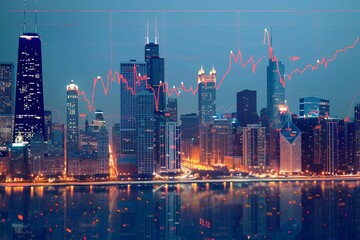 City skyline and market data overlay