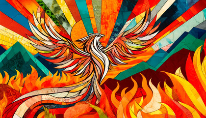 Phoenix Rising in Vibrant Collage-Style Artwork