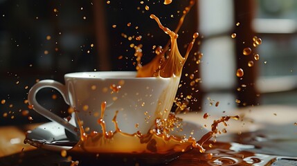 Coffee splashing from a cup, illustrating motion and energy