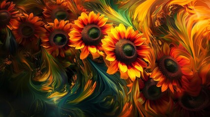 Colorful artistic rendition of sunflowers in a swirl pattern