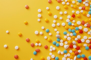 Colorful assortment of pills on a yellow background