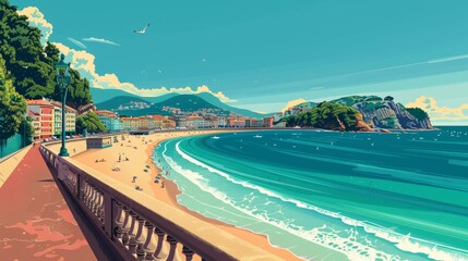 Fototapeta premium Illustration of La Concha Beach, San Sebastián, Spain