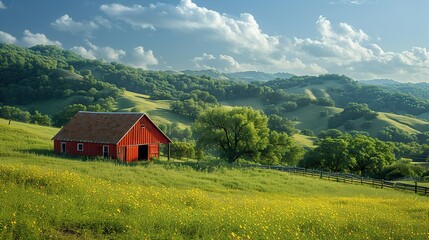 A picturesque farm with rolling hills and a red barn.