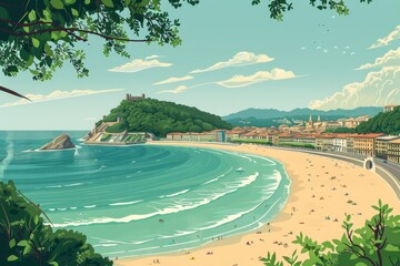 Fototapeta premium Illustration of La Concha Beach, San Sebastián, Spain