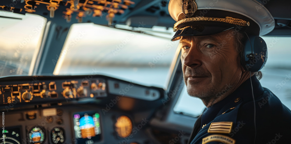Poster a seasoned pilot dressed in a professional uniform, sitting inside the cockpit. generative ai.