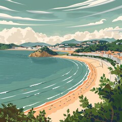 Naklejka premium Illustration of La Concha Beach, San Sebastián, Spain