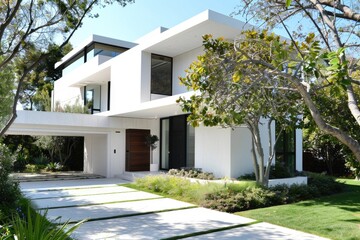 Fototapeta premium Modern Landscaping. White Contemporary Home Exterior with Double Garage Door