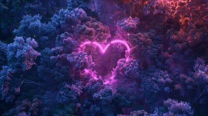 Fototapeta premium neon heart glowing in the heart of a dense forest of purple and pink