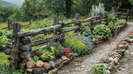 A rustic wooden fence surrounding a vegetable garden.