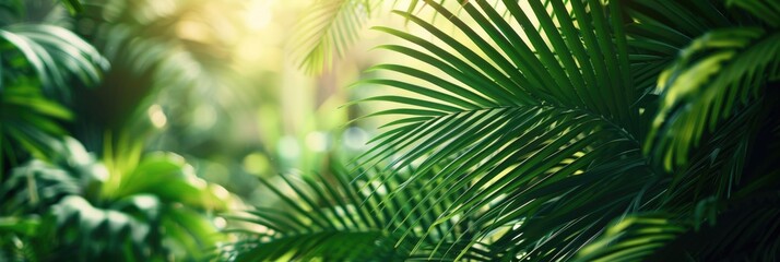 Green Tropical Leaves. Close-Up of Lush Jungle Vegetation with Palm Leaves in Sunshine