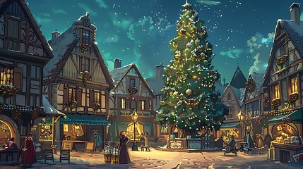 A charming village square bustling with activity, with a towering Christmas tree adorned with...