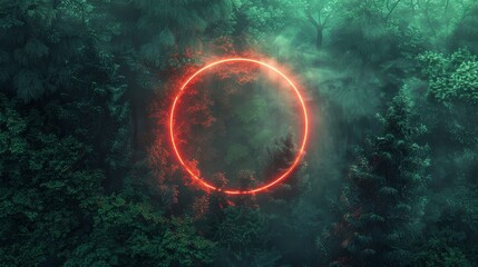 neon circle radiating light in the midst of a dense forest, of green and red